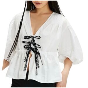 Tricia Fix Free‎ People Bandana-Tie Front White Cotton Blouse Puff Sleeve Size S
